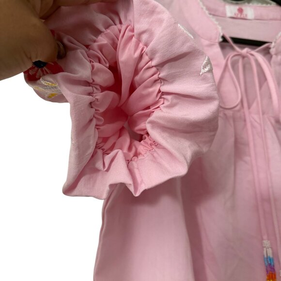 Apple Boulevard Pink Embroidered Puff Sleeve Peasant Blouse Womens Size Medium - Picture 4 of 7